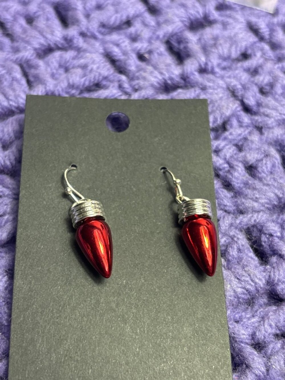 Plastic Red Silvertone Dangle Christmas Light Earrings 0.75 inch
